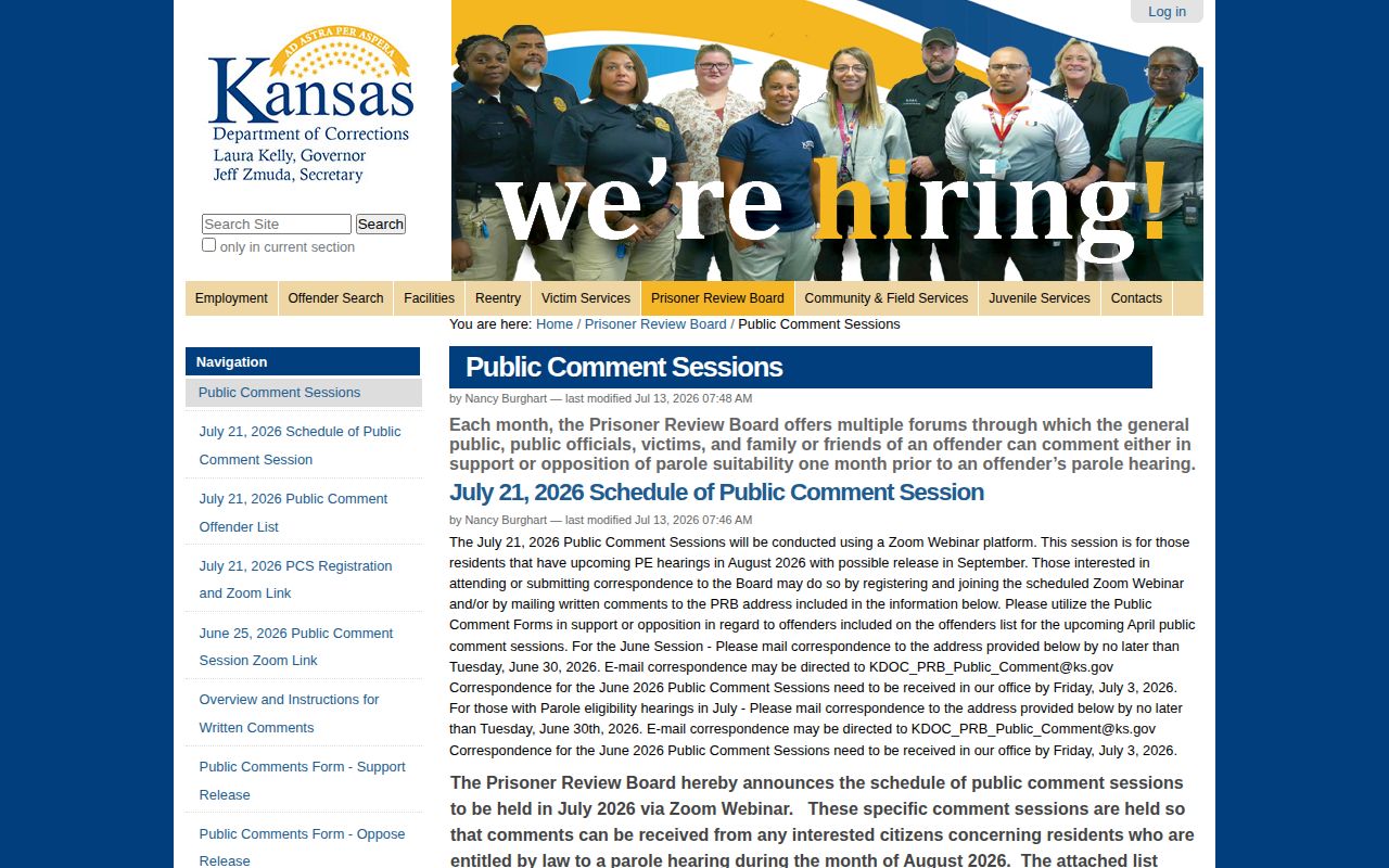 Kansas Prisoner Review Board public comment sessions page