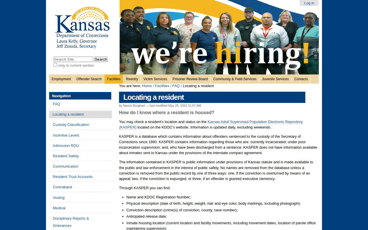 Kansas Department of Corrections locating and anticipated release guidance